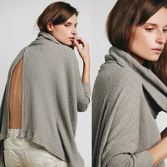 Free People World Traveler Waffle Knit Turtleneck Sweater Grey Size Medium Boho - Picture 2 of 12